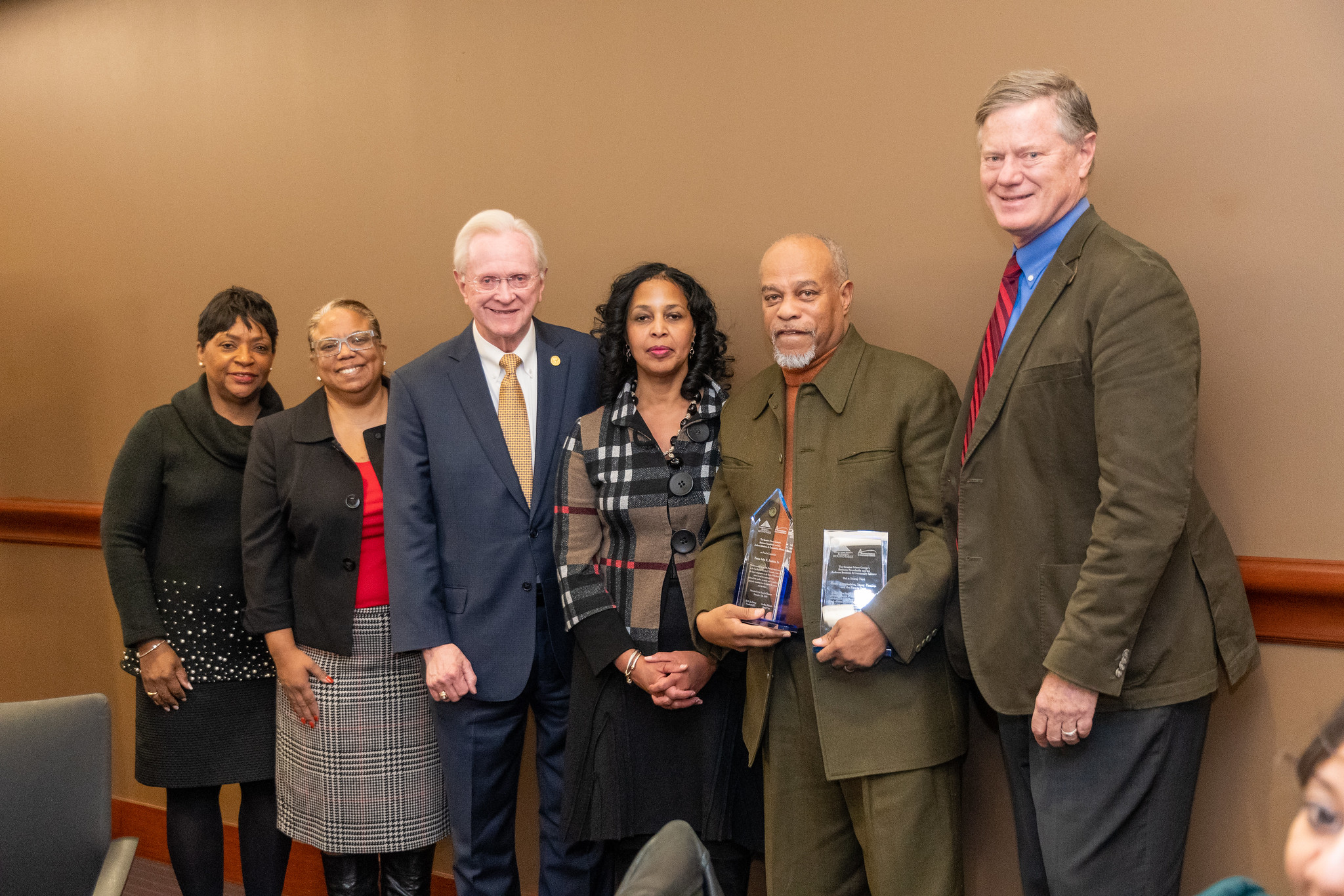 The Roundtable Honors the Host of Our November 2019 meeting Pastor John K. Jenkins (Second from right). He is Joined by the Speaker of the Maryland House of Delegates, Adrienne Jones (Far left), County Councilwoman Deni Taveras (Second from right), Roundtable President/CEO M.H. Jim Estepp (Left center), Roundtable Secretary/Treasurer Donna Cooper (Right center), and Roundtable Board Chair Geoffrey Pohanka (Far right)
